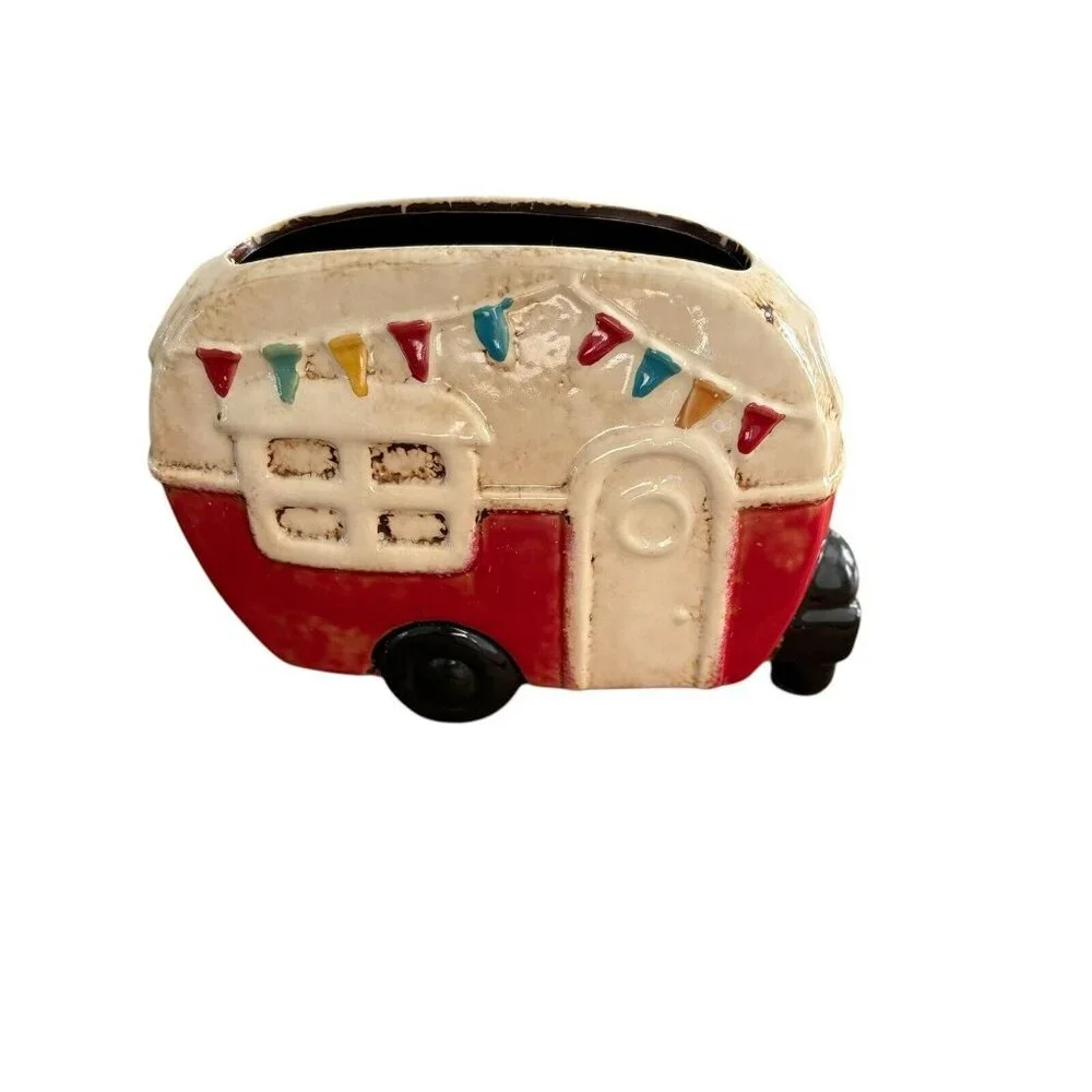 Ceramic Card Mail Holder Trailer Camper‎ Red White Quirky Whimsical Fun Decor